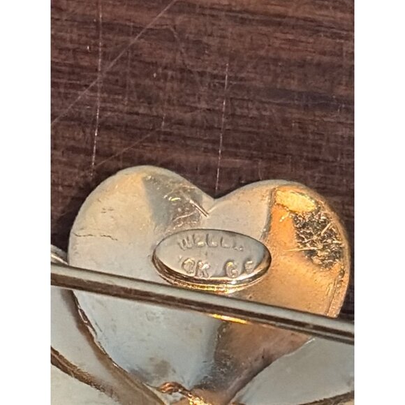 Vintage Wells 14k G.F. Shamrock Brooch Faux Pearl Center Lucky Clover Design - Picture 3 of 4